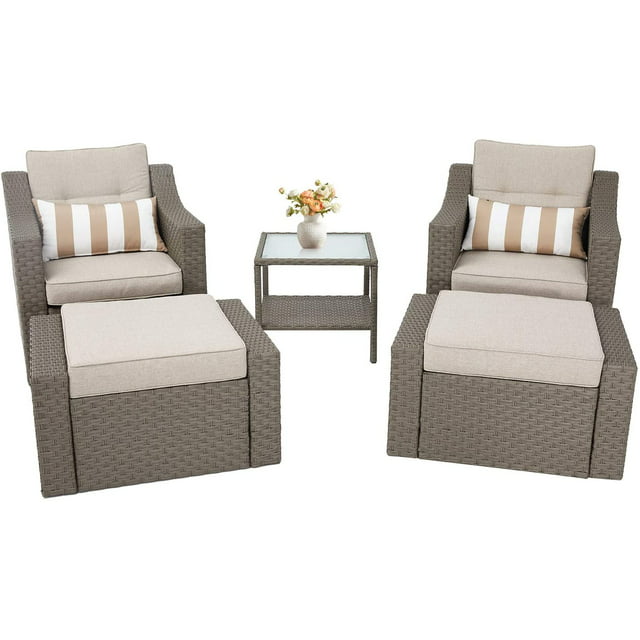 SUNCROWN 5-Piece Outdoor Patio Conversation Set Wicker Furniture Sofa Set for 2 with Table and Ottomans, Neutral Beige