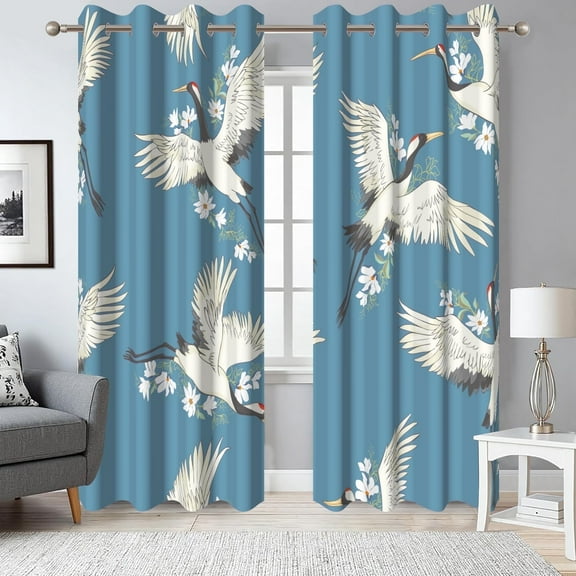 Japanese Cranes Blue Blackout Window Curtains for Living Room,Thermal Insulated Curtains,52x84 Inch,Set of 2