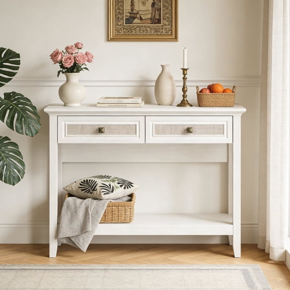 CozyHome Rattan Entryway Table, Boho Console Table with Widened Tabletop & 2 Drawers, Farmhouse Sofa Table for Living Room, Hallway, Entryway, Grayish White
