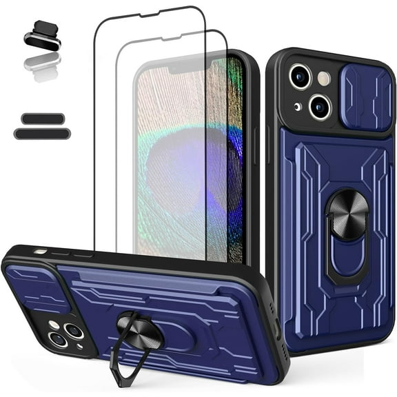 Wallet Case for iPhone 13, Credit Card Slot Sliding Door Hide Portable Design, Heavy Duty Double Layer Hybrid Cushioned Rubber Bumper Protection Suitable for iPhone 13 6.1 Inches Male-Blue