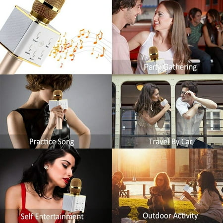 Hot Q9 Super Bass Handheld Microphone W ireless B luetooth Mobile Phone Karaoke Microphone Handheld KTV Singing Speaker for IOS for Android, Gold