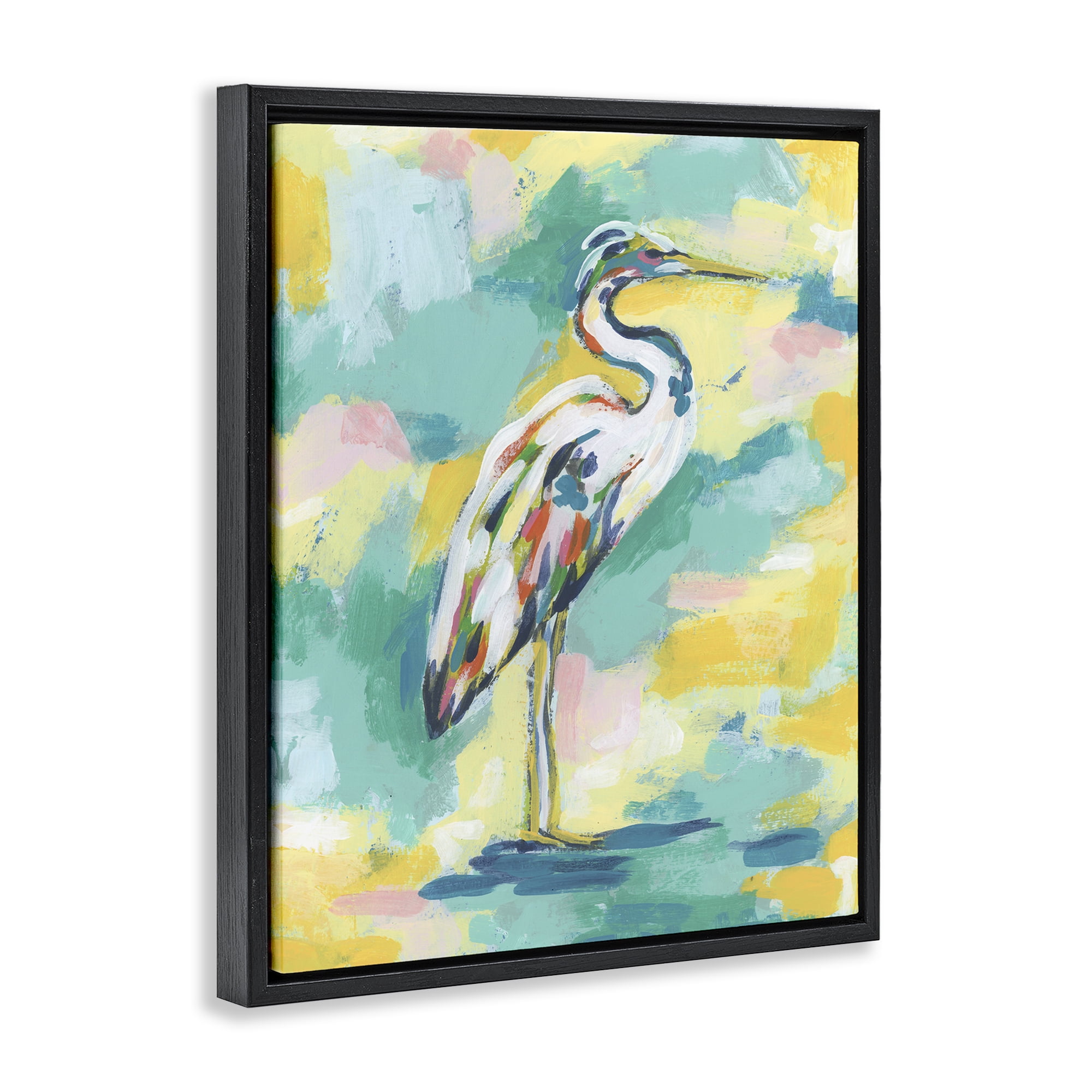 Stupell Industries Blue & Yellow Heron Bird Animals Painting Black Floater Framed Canvas Art Print Wall Art, 17 x 21
