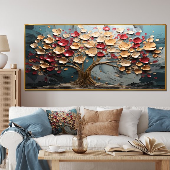 Designart "Garden Splendor Red and Gold Flowers III" Extra Large Floral Framed Wall Art - Traditional Red Flowers Bedroom Framed Canvas Wall Art