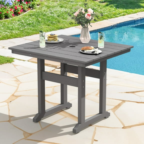 DYCANPO 35'' Outdoor Dining Table with Umbrella Hole, HDPS Square Patio Table, Gray