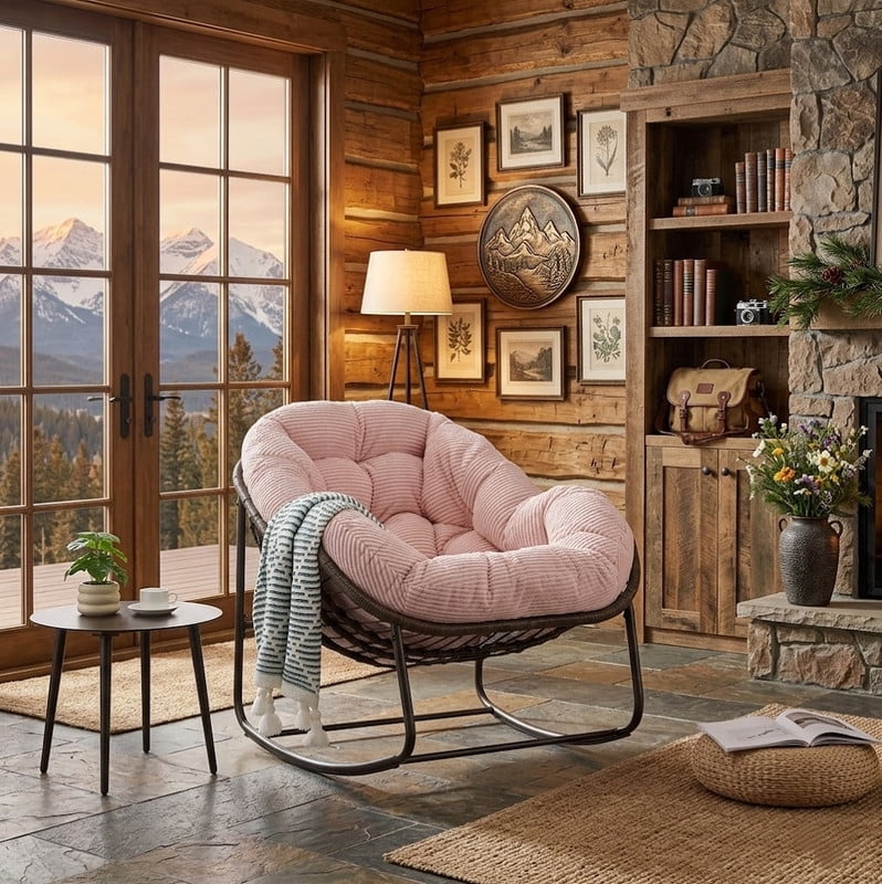 Outdoor Rocking Chair, Wicker Egg Rocking Chair Rattan Papasan Rocker with Thick Cushion