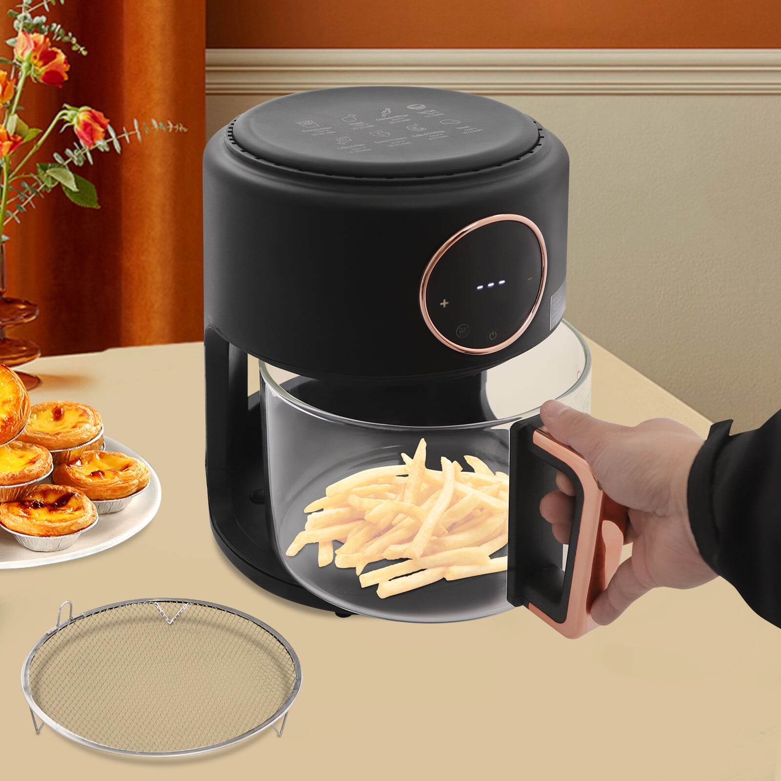 DENEST 4.2L/4.44Qt Airy Fryer, 110V Glass Air Fryer, 360° Viewable Airy Fryer 1200W