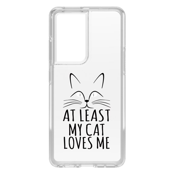 DistinctInk Clear Shockproof Hybrid Case for Galaxy S21 ULTRA 5G (6.8" Screen) - TPU Bumper Acrylic Back Tempered Glass Screen Protector - At Least My Cat Loves Me