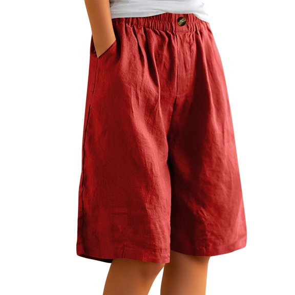 Rggeeun Women'S Pants Solid Color Elastic High Waist Knee Length Wide Leg Loose Fit Breathable Pleated With Side Pockets & Front Button For Outdoor Play Fashion Bottoms,Red,Xxl