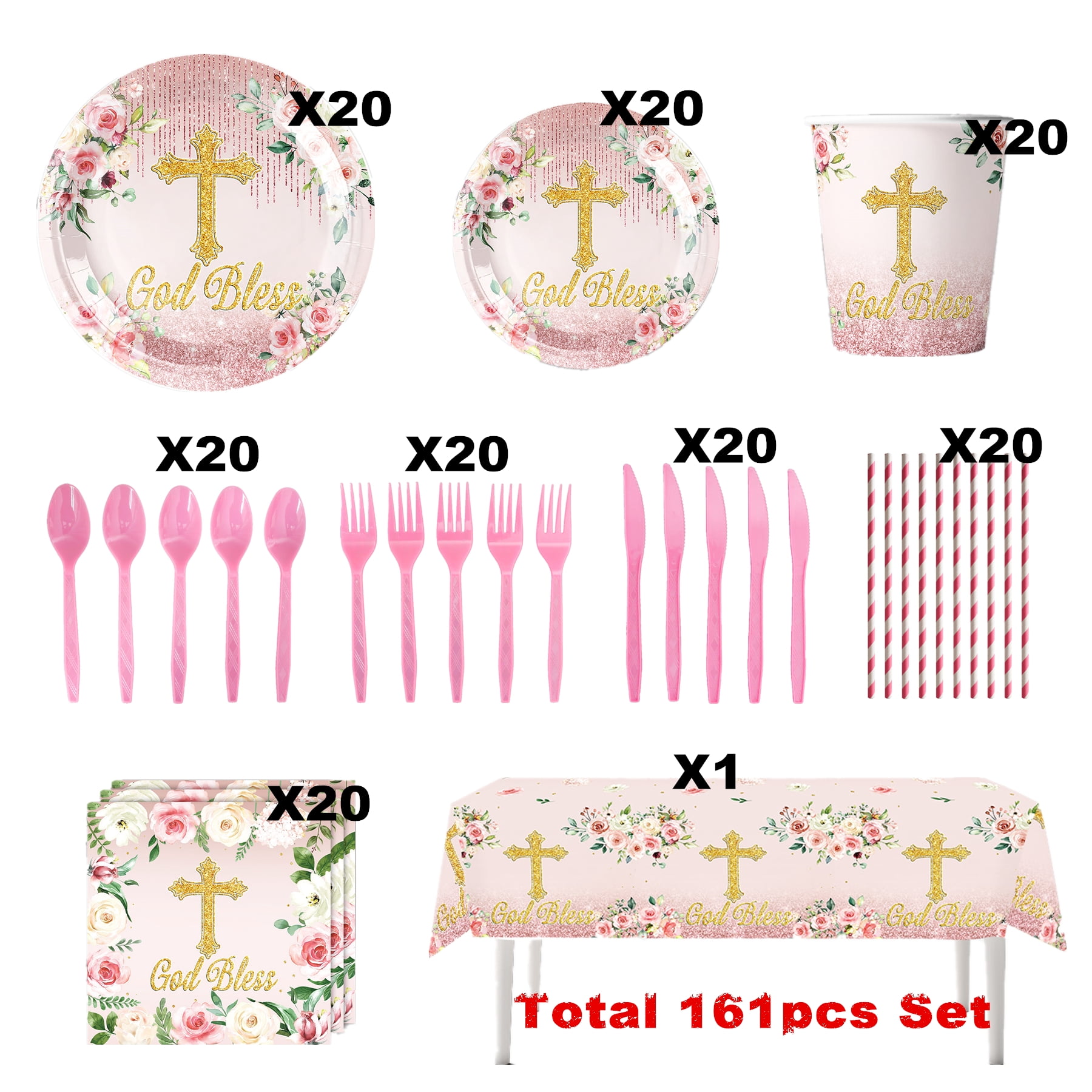 161 Pcs Pink God Bless Tableware Set, Baptism First Holy Communion Party Decorations Supplies for Newborn Baby Shower, Baptism Church Cross White Floral, Serves 20 Guests