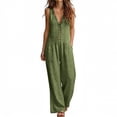 thumbnail image 2 of Tqyyweavej Women's Casual Overalls Sleeveless Button Down Deep V Neck Rompers Pleated Straight Leg Jumpsuits with Pockets, Linen Pants Women, 2 of 8