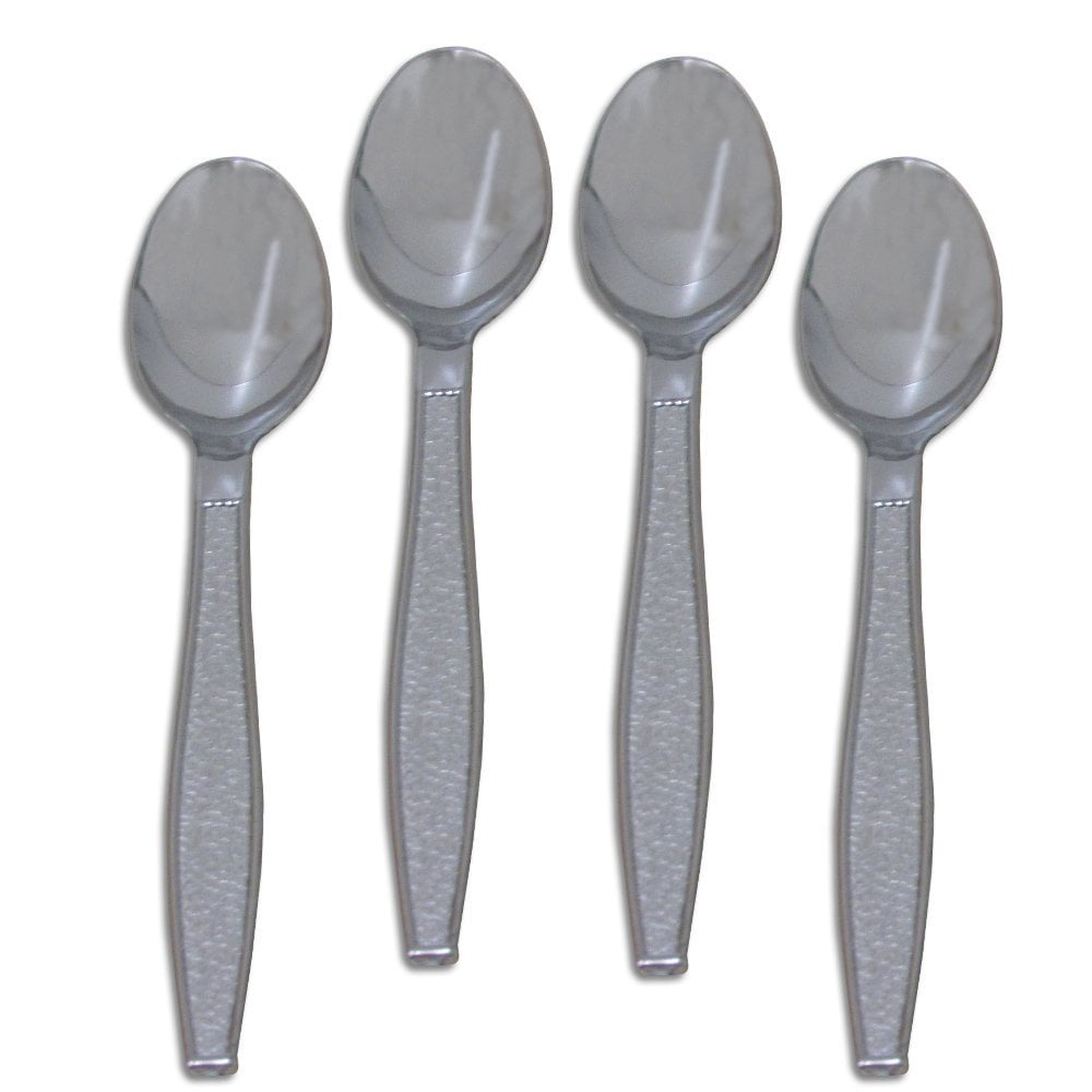 100 Silver Plastic Spoons. Elegant and Disposable Shiny