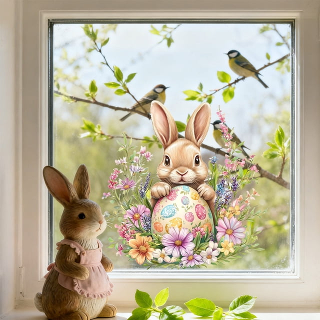 Pegatinas de Pascua para ventana | Decoración estática de conejito y mariposa | Decoraciones navideñas para ventana | Material de PVC | 30 x 30 cm