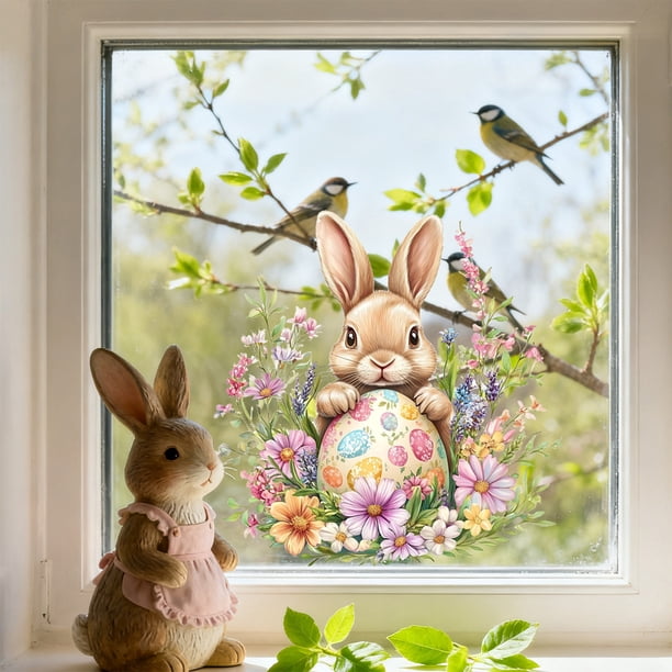 Casa de campo Decoración de Pascua Easter Lovely Bunny Egg and Butterflys Cataleptic Cling Window Stickers for Holiday Window Decorations Decoración del hogar