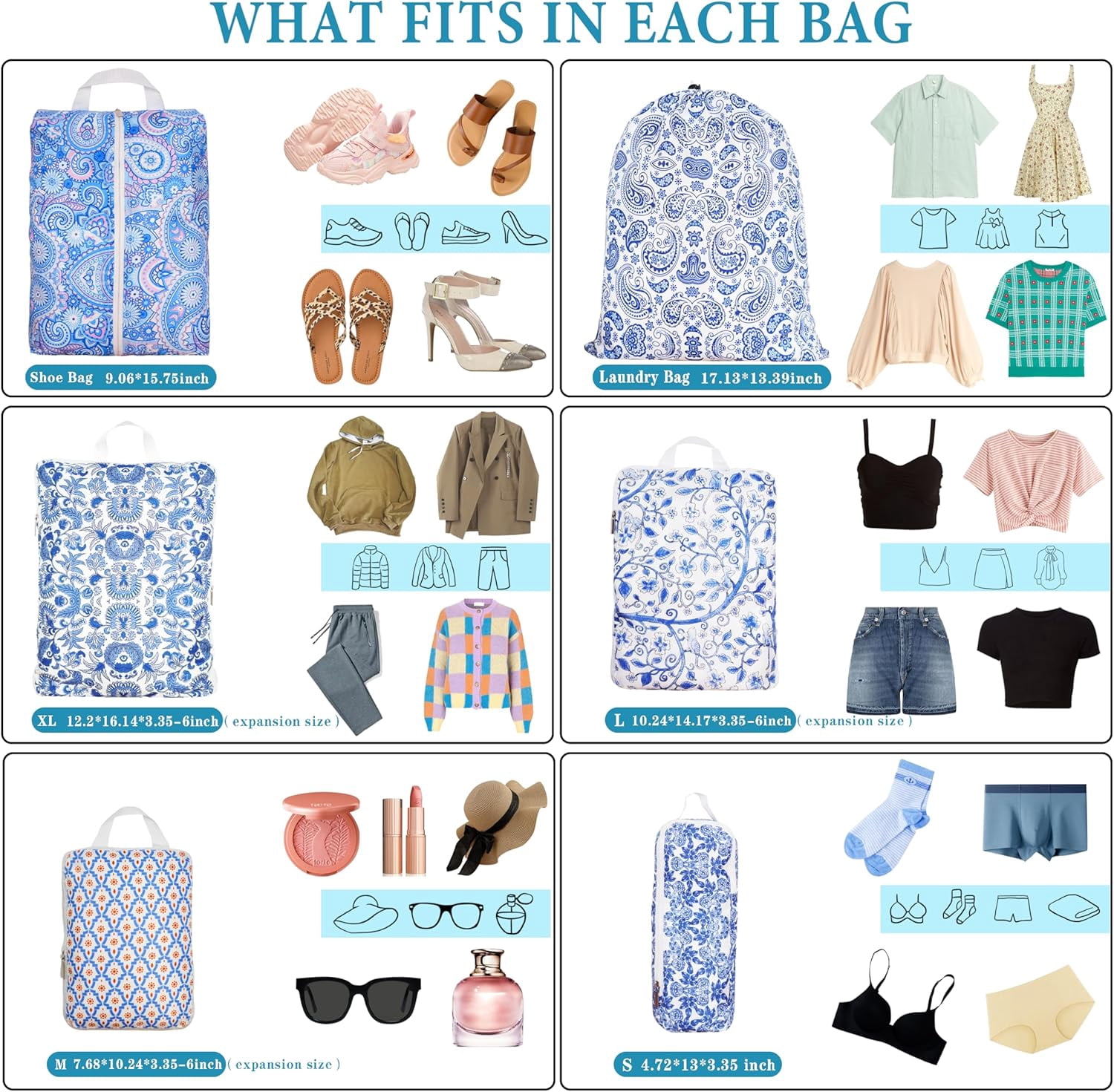 Compression Packing Cubes for Suitcases, 8 Set Travel Luggage Organizer Bags, Lightweight Waterproof Smell Proof Blue Pottery & Paisley Packing Cubes as Travel Accessories for Women