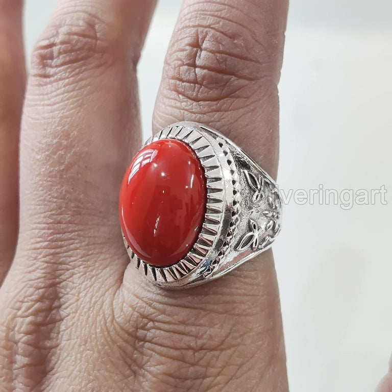 NEW Coral Mans Ring, Natural Red Coral Ring, Unisex Ring, Silver