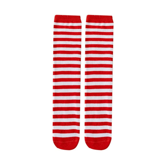 Christmas Socks for Girls Red and White Striped Crew Long Knee High Socks Soft Cotton Knitted Stockings, Red Free Size
