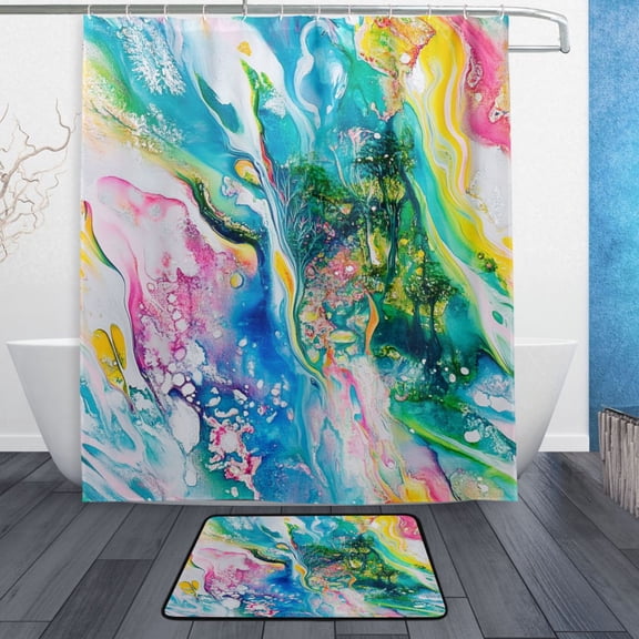 Bath Curtain & Non-Slip Bath Mat Set 12-Grommet Shower Curtain Memory Foam Bath Rug Colorful Fluid and Flow