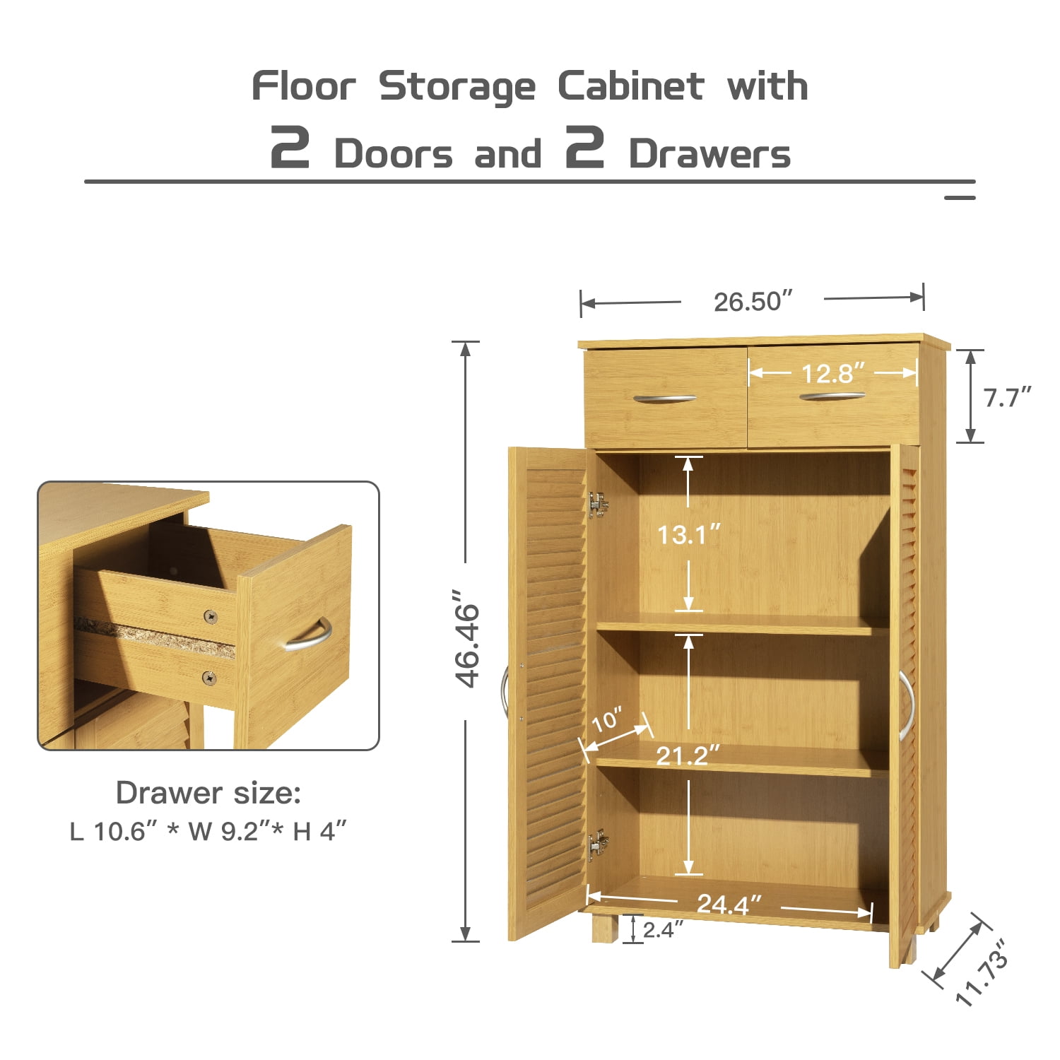 Kadyn Bathroom Tall Free Standing Storage Cabinet, Linen Floor Cabinet with Doors, Entrance Cabinet Organizer with 2 Drawers, Natural