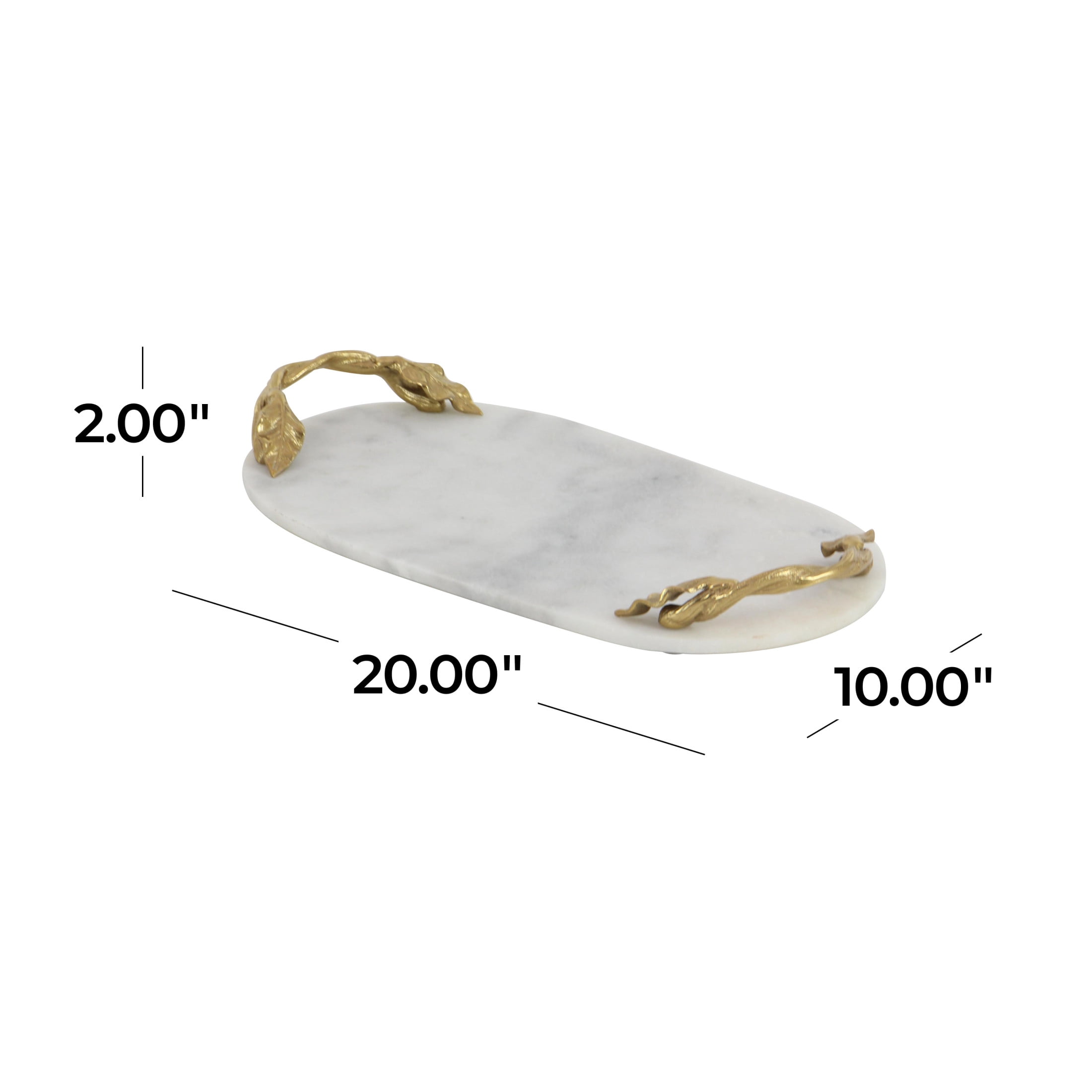 DecMode 20" x 10" White Marble Oval Leaf Tray with Gold Twisted Metal Handles, 1-Piece