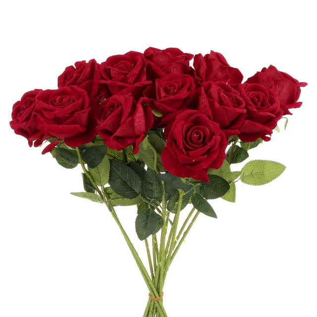 Uxcell 12 Piezas Rosas Artificiales Rojo Vino, Rosa de Terciopelo de Toque Real con Tallos