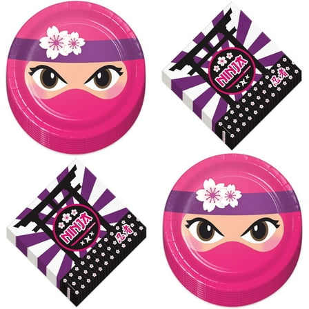 Pink Ninja Party Supplies - Ninja Girl Paper Dessert Plates and Ninja Design Napkins (Serves 16)