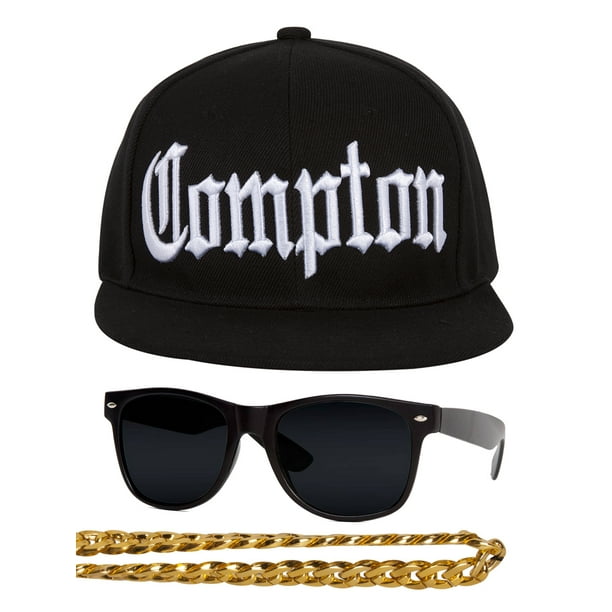 Compton 80s Rapper Costume Kit Flat Bill Hat w Sunglasses, Chain