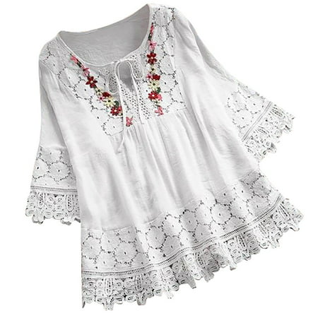 Pejock Womens 3/4 Bell Sleeve Blouse Summer Plus Size Crewneck Lace Tops Floral Textured Babydoll Shirts White 4XL (US Size:24)
