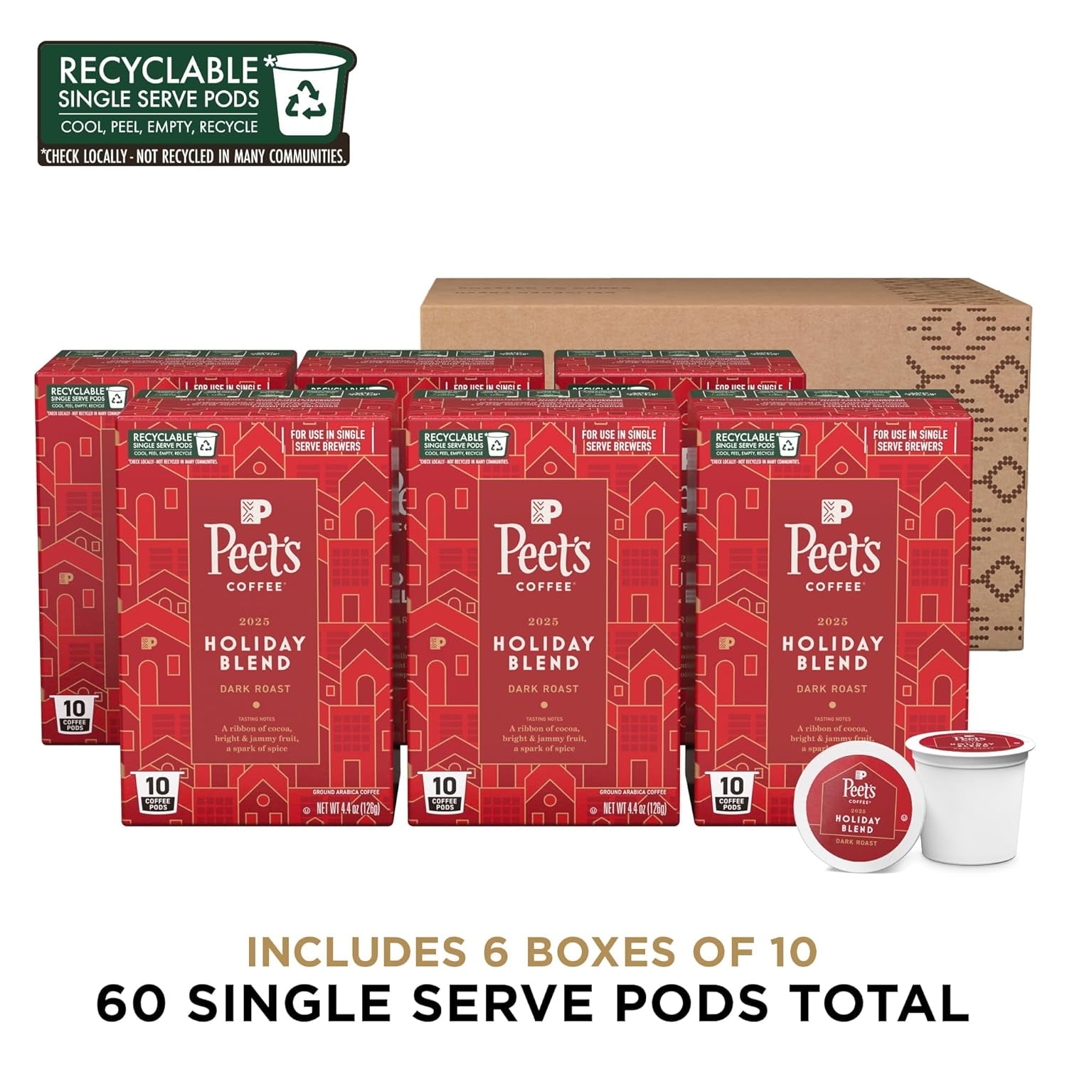 Peet's Coffee, Dark Roast Keurig K-Cup Pods, 100% Arabica Coffee - Holiday Blend 60 Count (6 Boxes of 10 K-Cup Pods)