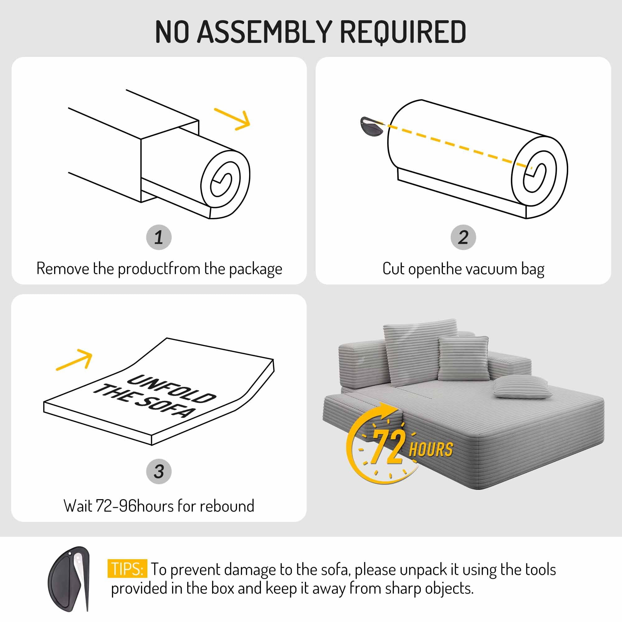 Lunale Boneless Chaise Lounge Chair Indoor, Oversized Convertible Sofa Bed, Cloud Corduroy Sofa Chair for Living Room, Light Gray
