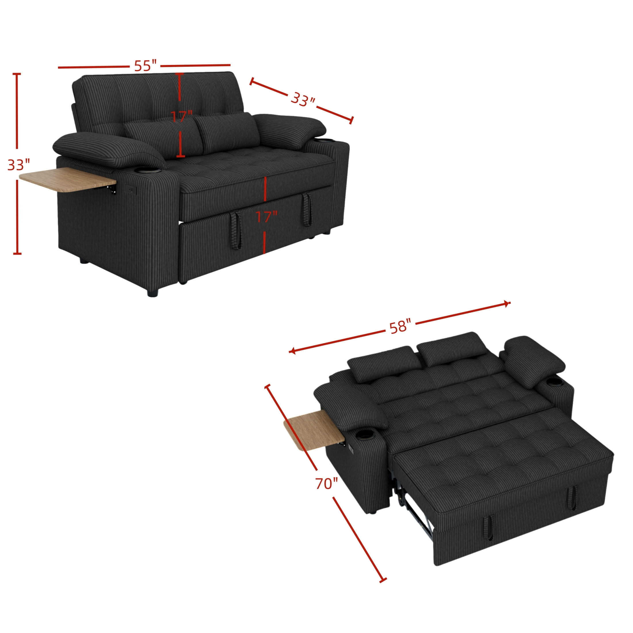Vinform 3 in 1 Sleeper Sofa Bed, 58" Convertible Loveseat with Foldable Side Tray Table, USB Ports and Cup Holders for Apartments, Corduroy, Dark Gray