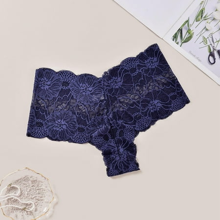 uublik High Waisted Thongs for Women Navy No Show Thong Underwear Stretch Breathable Lace Panties