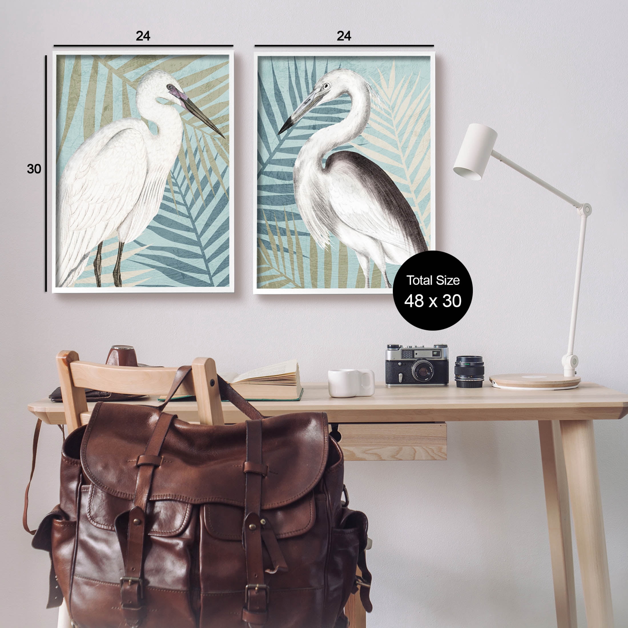 Heron Birds Layered Plant Leaves Animals & Insects Graphic Art White Framed Art Print Wall Art, Set of 2