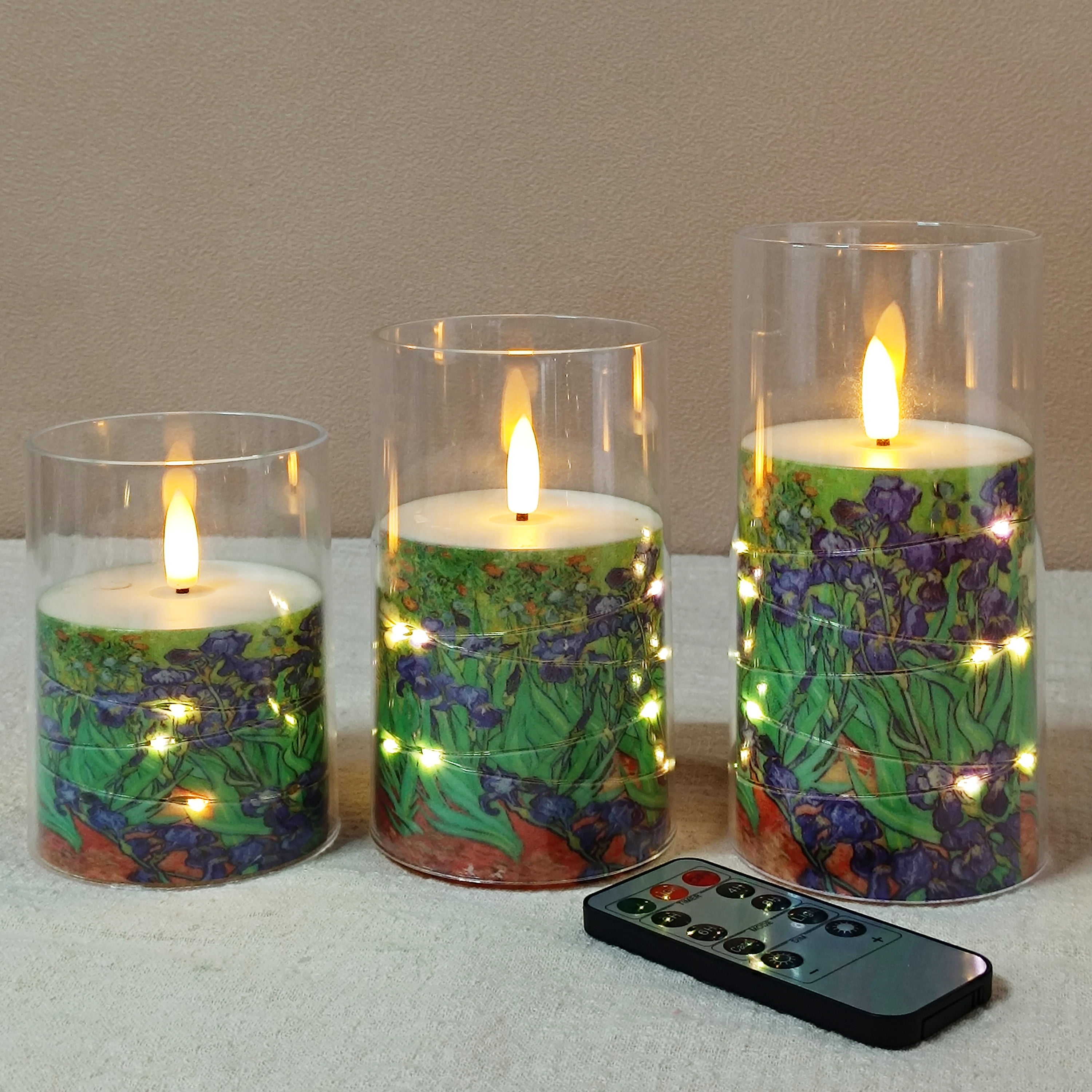Flameless Candles with String Lights LED Candle Battery Operated Candles with Remote Control,Printed Pillar LED Candles for Wedding Holiday Party Table Home Decorations,Set of 3