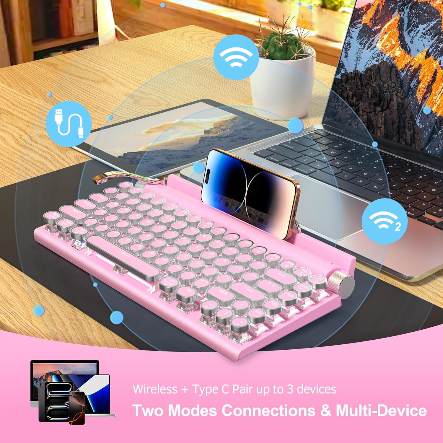Retro Typewriter Wireless Mechanical Gaming Keyboard, Bluetooth 5.0 Office Computer Vintage Keyboards 83-Key Blue Switches Punk Round Keycap, LED Backlight, Compatible with PC/Laptop/Pad/Phone, White