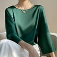 thumbnail image 4 of RYRJJ Womens Dressy Tops Casual Satin Silk Blouse Elegant Crewneck 3/4 Bell Sleeve Shirts Loose Flowy Work Top(Green,XL), 4 of 6