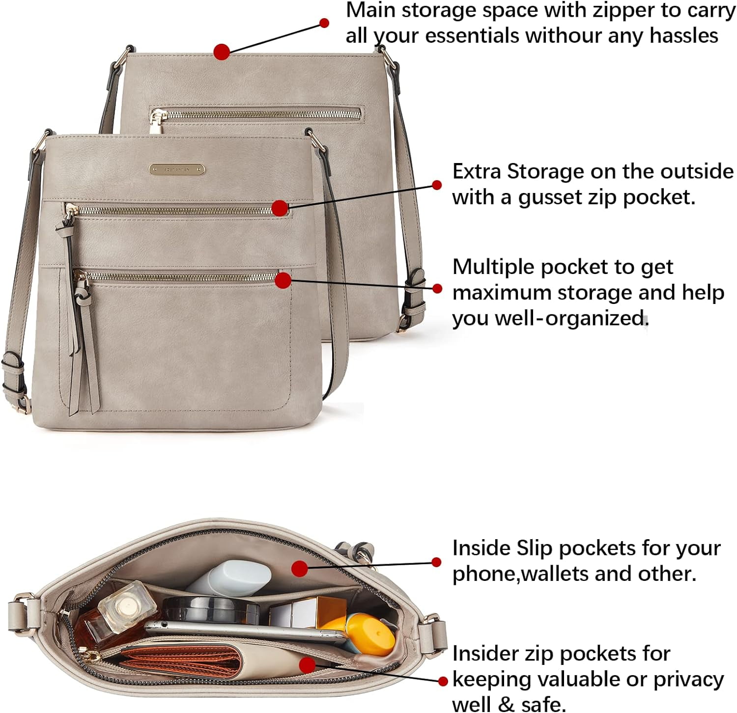 Crossbody Bags Purses for Women Trendy Soft Leather Shoulder Handbags with Adjustable Strap Zipper Pocket Medium