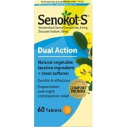 Senokot-S Dual Action, 60 Tablets, Vegetable Laxative Plus Stool Softener Relief of Constipation
