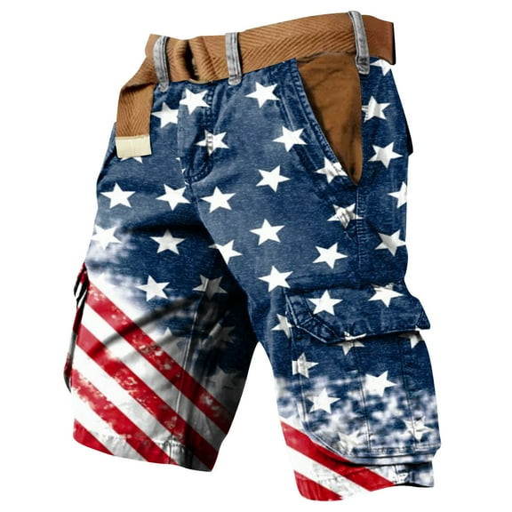 WTOBBY Men's Independence Day Themed Work Shorts, Multi-Pocket Utility Style, Printed Design for Festive Occasions, Comfortable Fit,Blue L