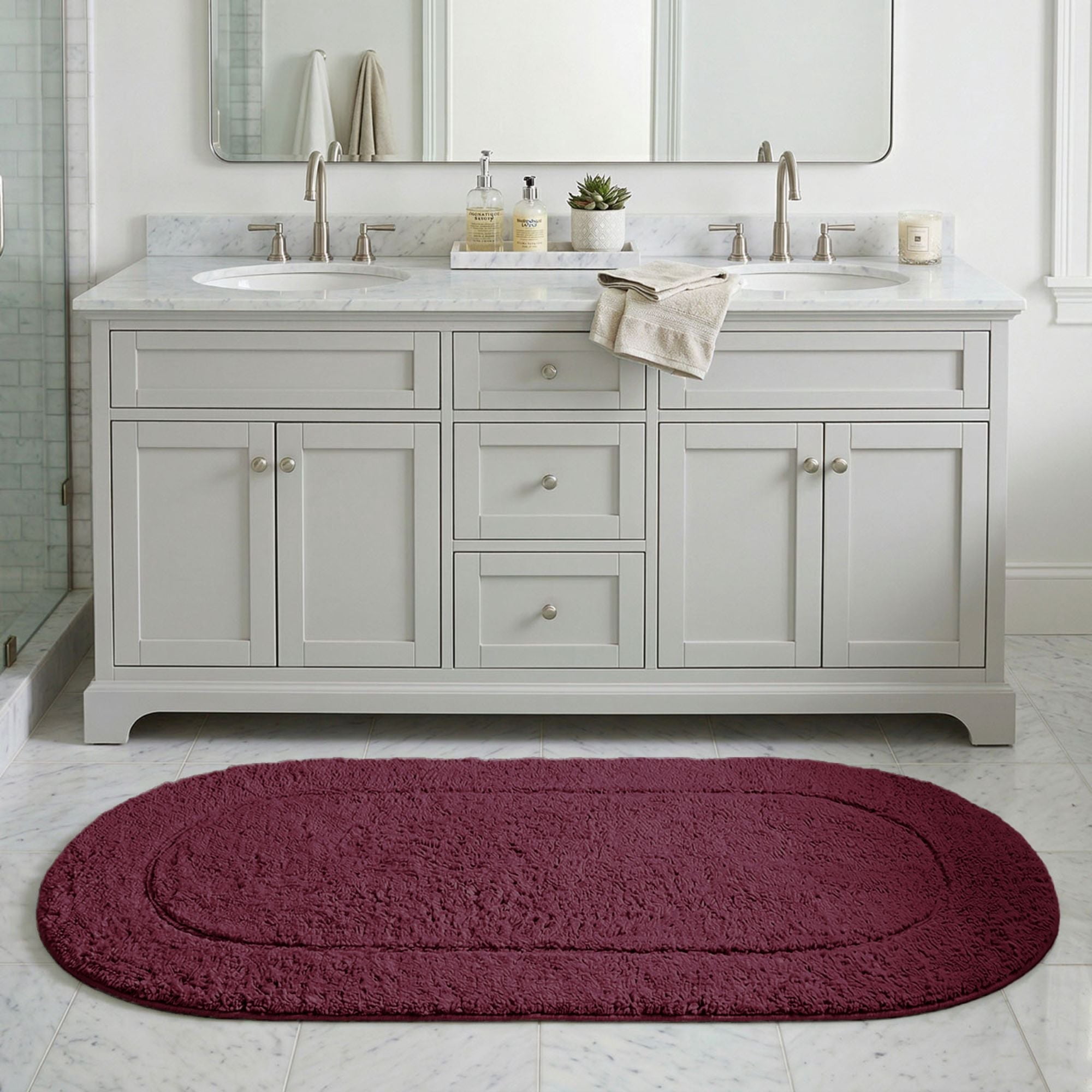 Superior Oval Bordered Cotton Washable Non-Slip Bath Rug, Runner Size, Plum