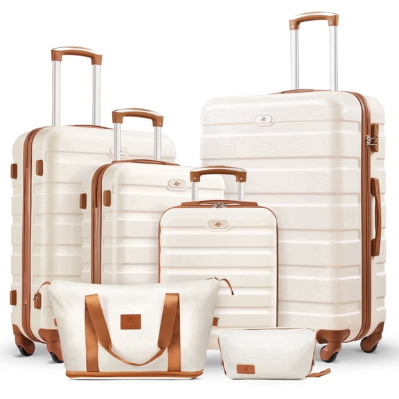 Gowill 6 Piece Luggage Sets,16/20/24/28 inch Hardside Lightweight ABS Suitcase With Expandable Duffle Bag (White Tan)