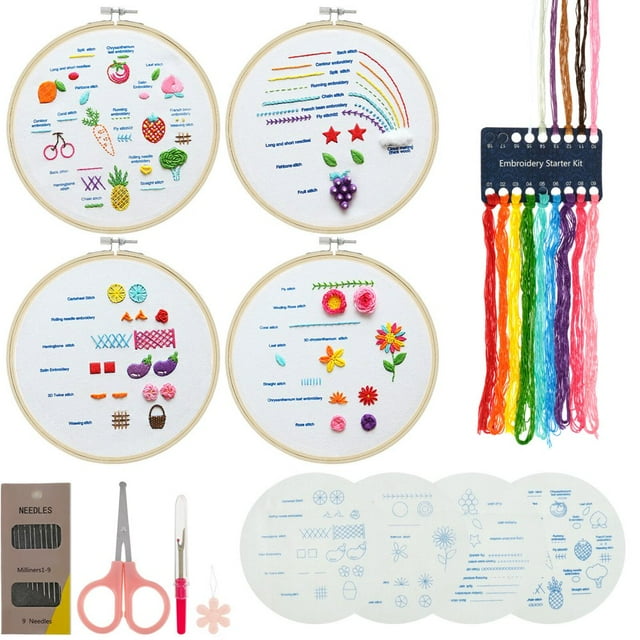4Pcs Embroidery Starter Kit for Beginners Adults Colorful Patterns Embroidery Stitch Kit Ergonomic Embroidery Stitch Practice Kit with Embroidery Hoop Scissors Thread Needles for Craft