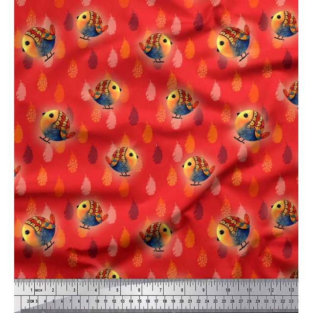 Soimoi Modal Satin Fabric Feather & Bird Cartoon Printed Fabric 1 Yard 42 Inch Wide