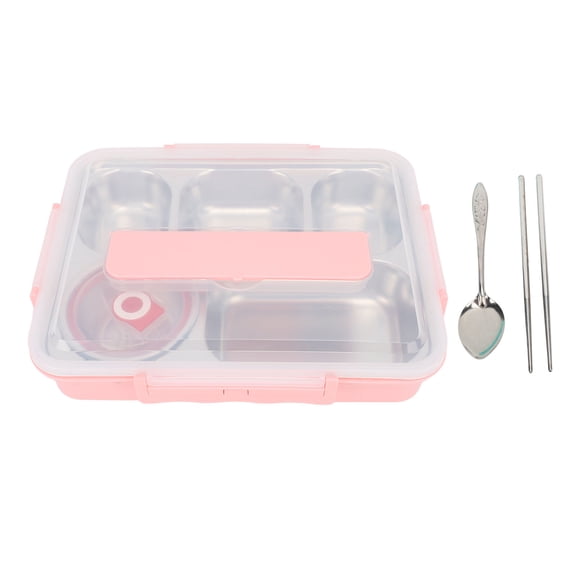 5-Compartment Stainless Steel Lunch Box Set - Heat Preservation Container with Chopsticks & Spoon, Pink