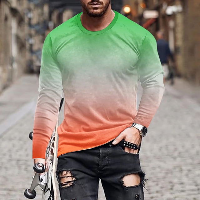 Blusas y camisas de manga larga con cuello redondo para hombre, blusa informal de manga larga con cuello redondo y estampado degradado, blusa de poliéster para hombre