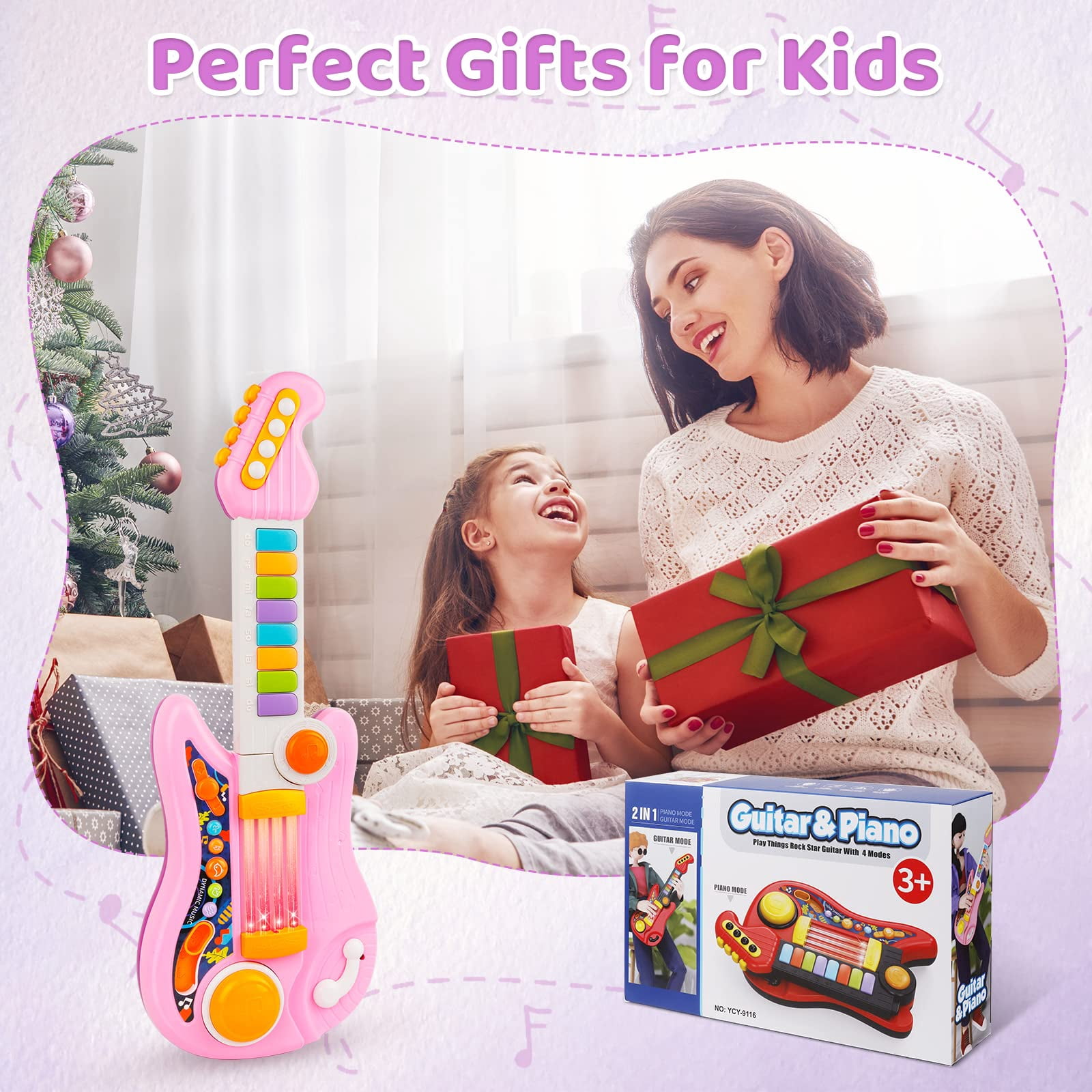 Unbranded 2-in-1 Kids Toy Guitar and Piano Keyboard, Foldable Musical Instrument for Toddlers 3-5, Light Up Learning Toy with Infrared Sensors