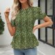thumbnail image 2 of Camisa de manga corta abullonada con dobladillo con volantes verdes para mujer, parte superior elástica con estampado floral XXL, 2 of 6