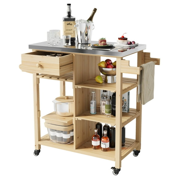 Carro de Barbacoa Portátil – Madera Maciza y Encimera de Acero Inoxidable – Almacenamiento, Cajón y Estantes Abiertos – Ruedas Bloqueables – Para Jardín Exterior – Color Madera