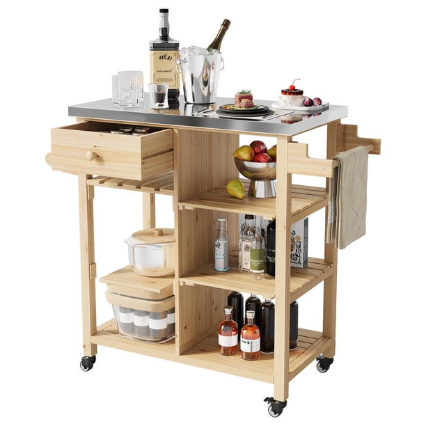 Carro de Barbacoa Portátil – Madera Maciza y Encimera de Acero Inoxidable – Almacenamiento, Cajón y Estantes Abiertos – Ruedas Bloqueables – Para Jardín Exterior – Color Madera