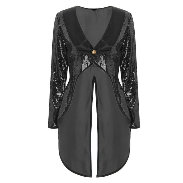 iiniim Costumes de Maître de Cirque pour Femmes Robe de Magicienne à Paillettes à un Bouton Queue-de-Pie Veste Noire