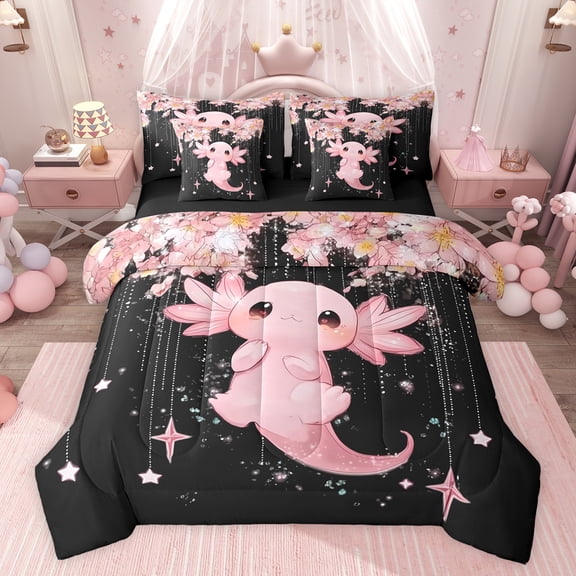 Feelyou 3D Kawaii Axolotl Twin Bedding Sets 7-Piece for Child, Black Pink Cartoon Bedding Comforter Set, Cherry Blossoms Reversible Sheet Sets, Super Cozy Room Decor
